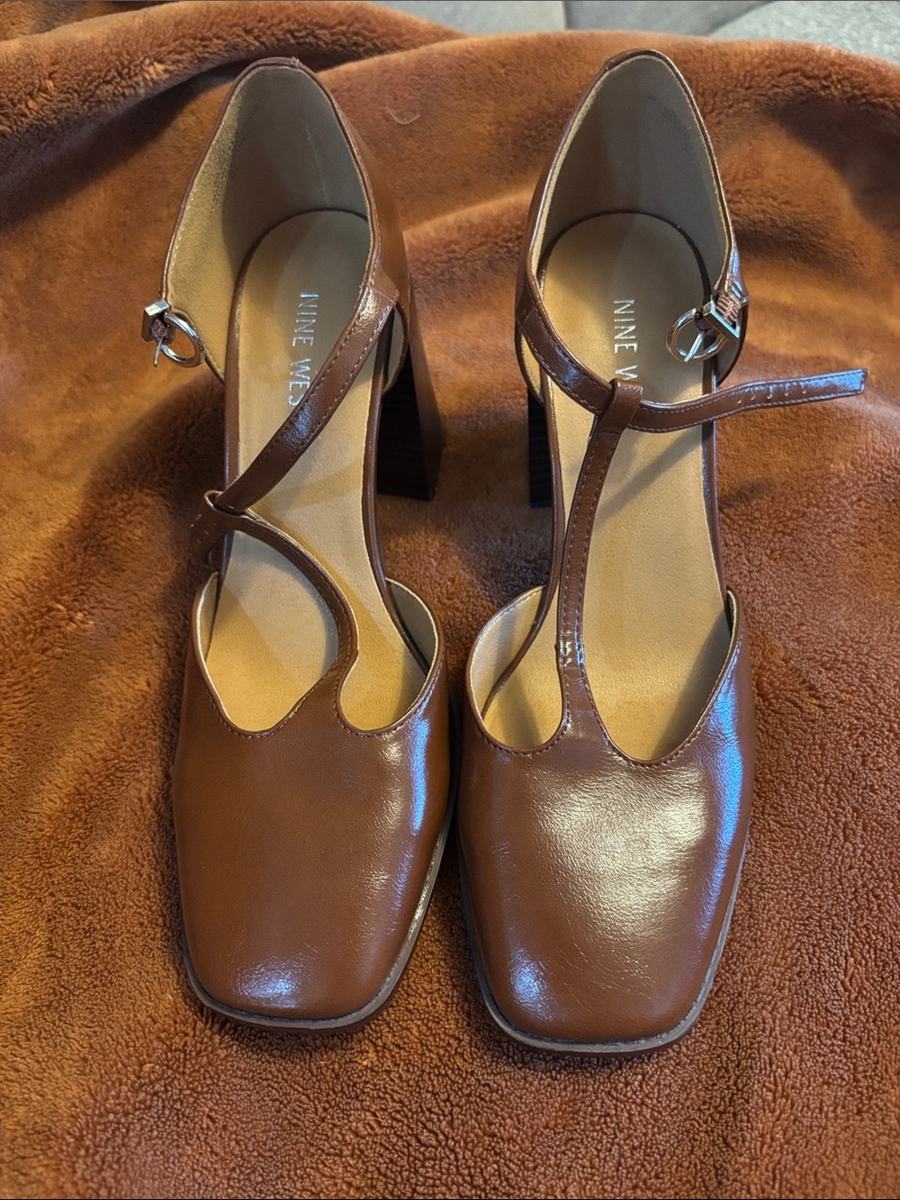 Nine West Brown T-Strap Block Heels